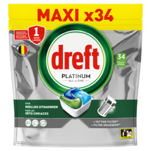 Dreft Platinum All In One Vaatwastabletten, Original, 34 Capsules